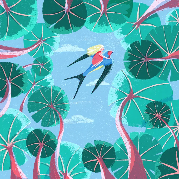 Seen from below, a swallow carries a tiny figure across a patch of sky framed by giant round leaves on pink stems.