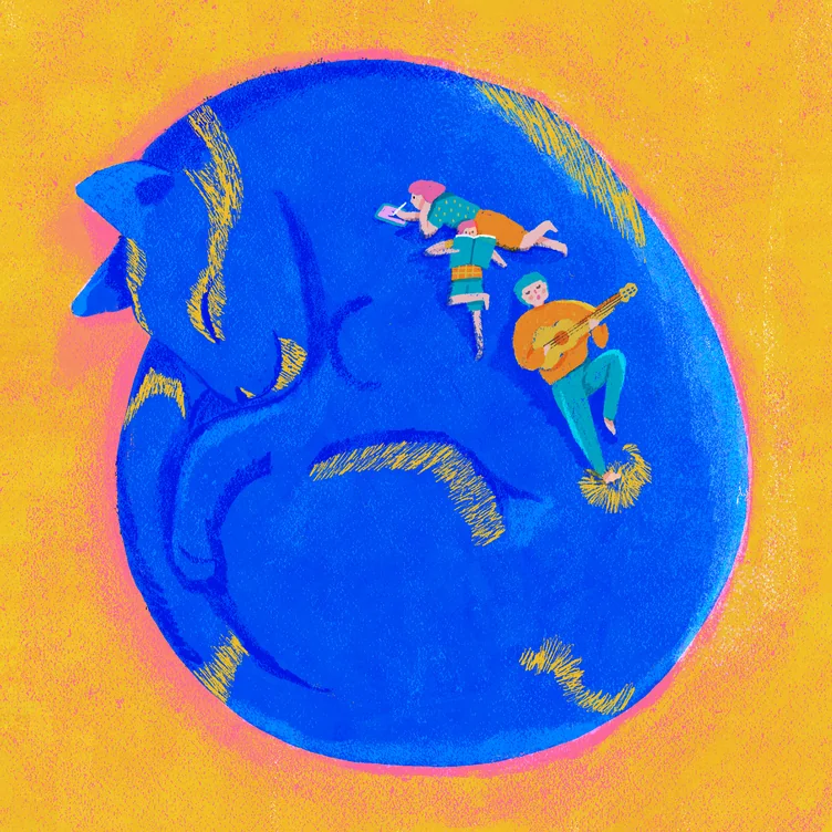A huge blue cat curled into a ball on a mustard ground, with a tiny musician and a dancer resting on its back.