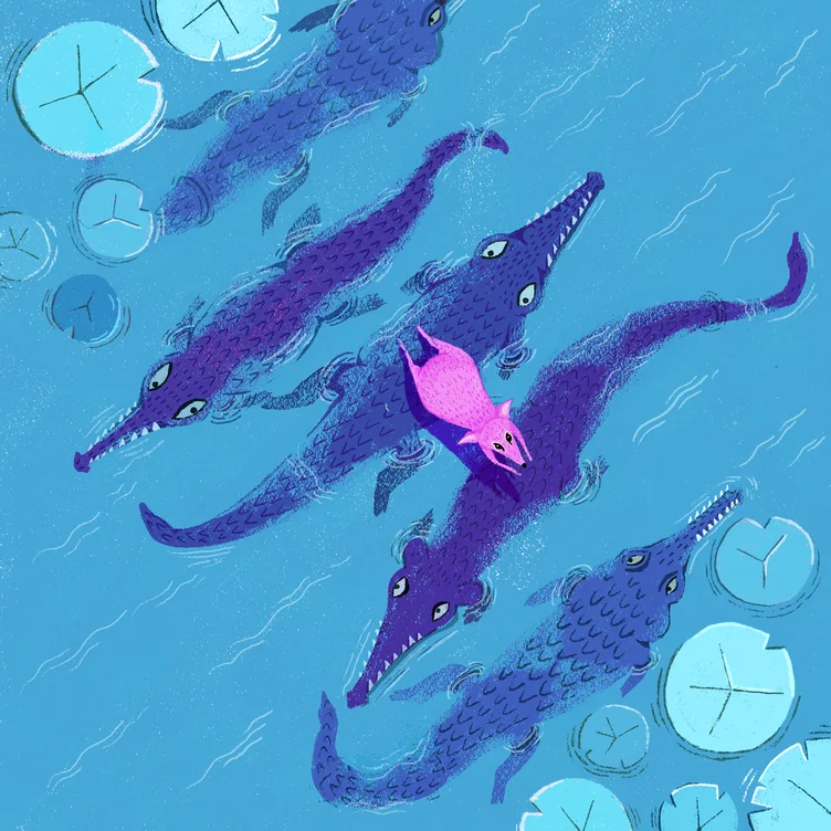 Purple crocodiles glide through blue water among lily pads, one carrying a small pink figure on its back.