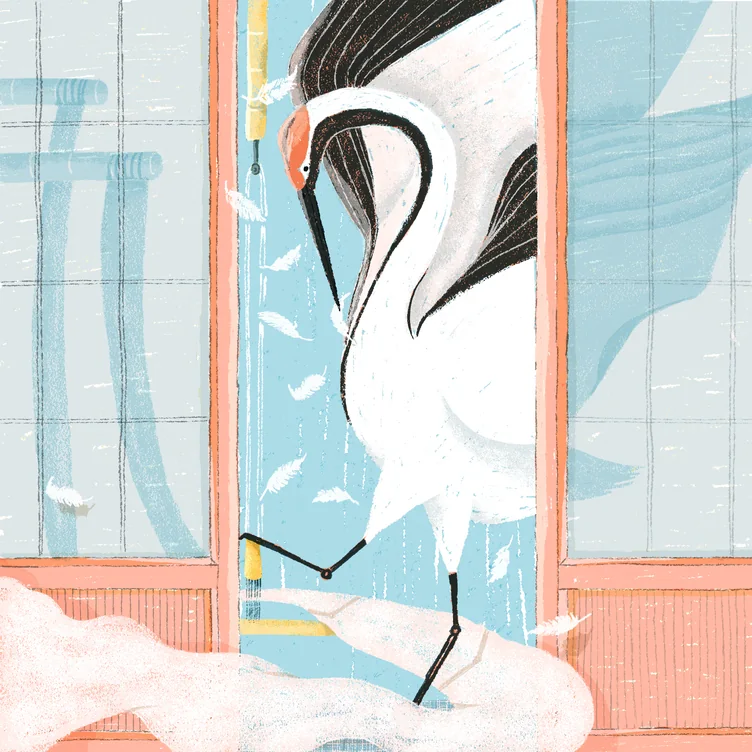 A red-crowned crane steps through an open sliding door into a pale room, white feathers drifting around it.