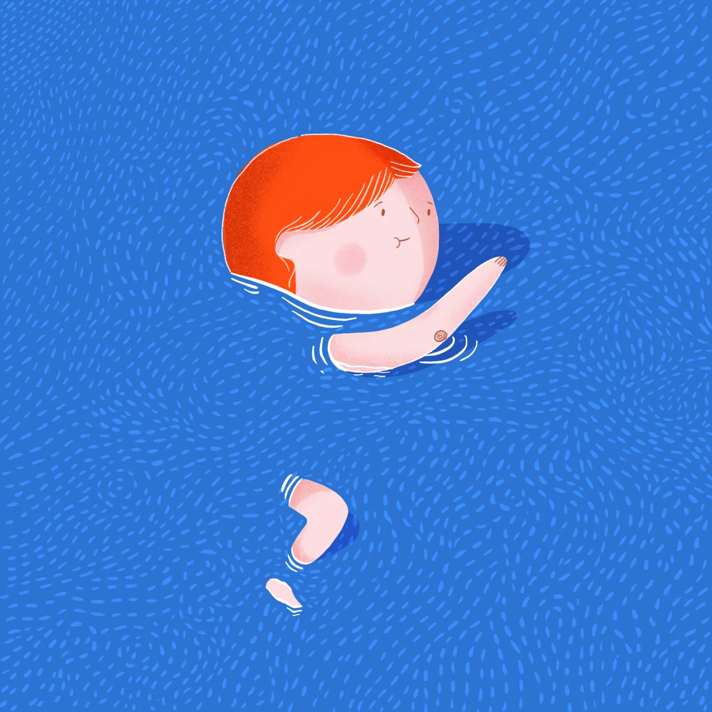 Illustration: a girl with a red bob swims through a deep-blue pool textured with little brushstroke ripples, puffing her cheeks, one arm reaching forward across the water.