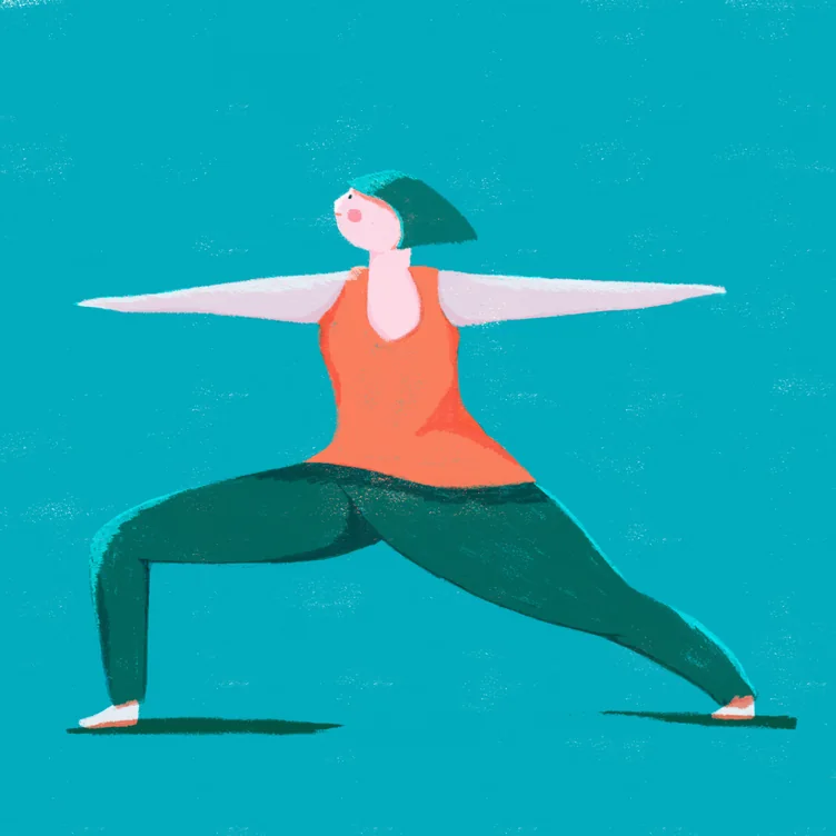A woman in a coral top and green trousers holds a warrior yoga pose on a teal background.