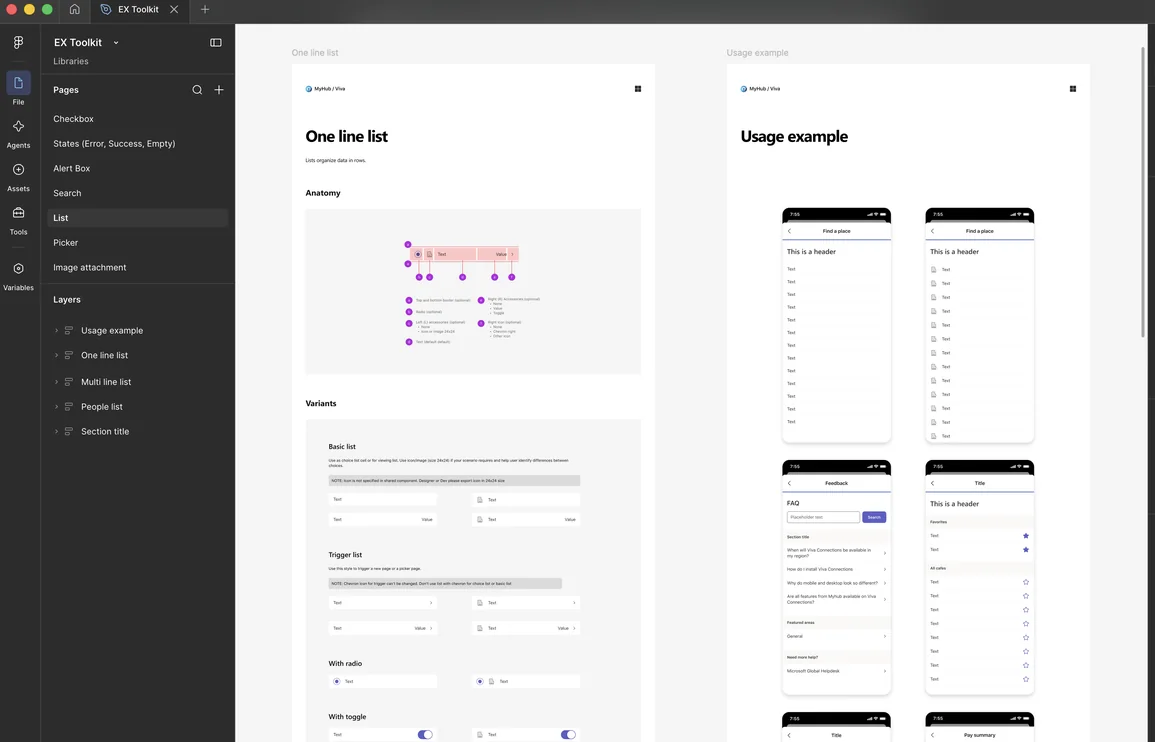 The EX Toolkit Figma library: a page for each component (States, Alert Box, Search, List, Picker…) and the One line list documentation, with its anatomy, variants and usage examples.