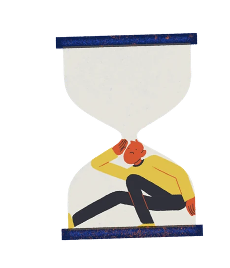 Illustration of a person crouched inside the bottom of an hourglass, holding their head.