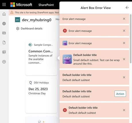 The same sandbox after choosing “Alert Box Error View”, showing every variant of the error alert.