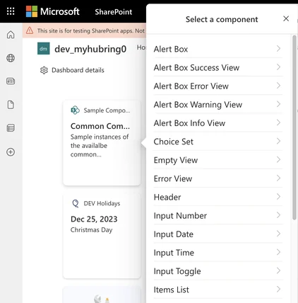 The Ring 0 sandbox in SharePoint, with a “Select a component” panel listing Alert Box, Alert Box Success View, Alert Box Error View and more.