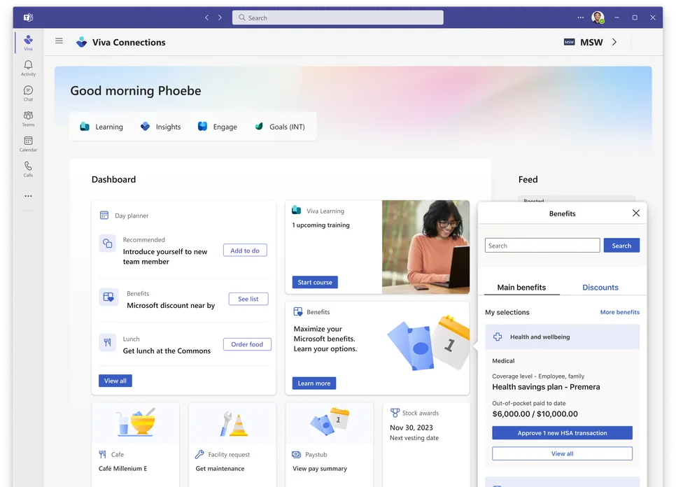 Viva Connections dashboard in Microsoft Teams on desktop: a greeting banner with shortcuts, cards for day planner, learning, benefits, café and facility requests, and an open Benefits panel.