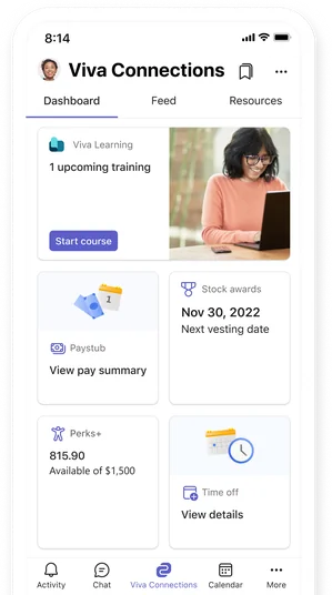 Viva Connections dashboard on a phone: cards for learning, paystub, stock awards, perks and time off.
