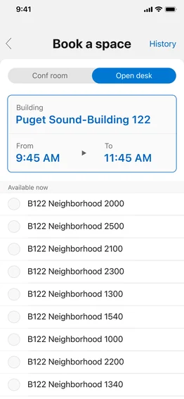 MyHub’s “Book a space” screen: a conference room / open desk toggle, Puget Sound-Building 122 from 9:45 AM to 11:45 AM, and a list of neighborhoods with open desks available now.