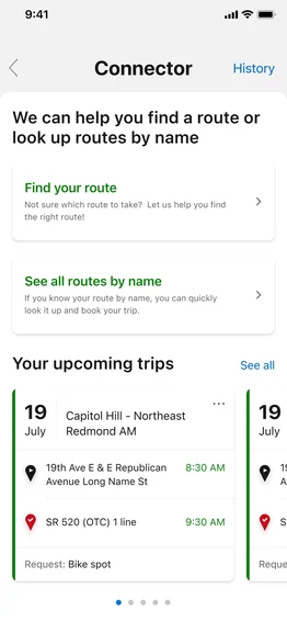 MyHub’s Connector screen: options to find your route or see all routes by name, and an upcoming shuttle trip from Capitol Hill to Redmond with its stops and times.