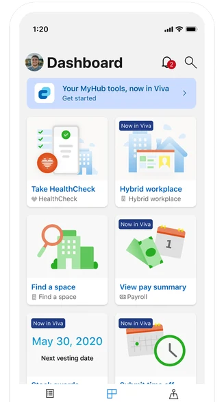 The MyHub app’s dashboard, with a banner reading “Your MyHub tools, now in Viva” and tiles such as Take HealthCheck, Hybrid workplace, Find a space and View pay summary, several tagged “Now in Viva”.