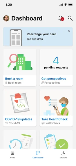 MyHub’s dashboard with a “Rearrange your card — tap and drag” quick tips message bar across the top, and below it cards for Book a room, Get perspectives (4 pending requests), COVID-19 updates and Take HealthCheck.