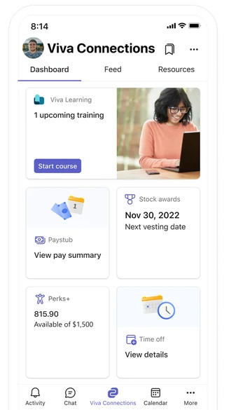 The Viva Connections app’s dashboard, with cards for Viva Learning, stock awards, paystub, Perks+ and time off.