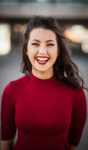 Leslie, smiling, in a red sweater