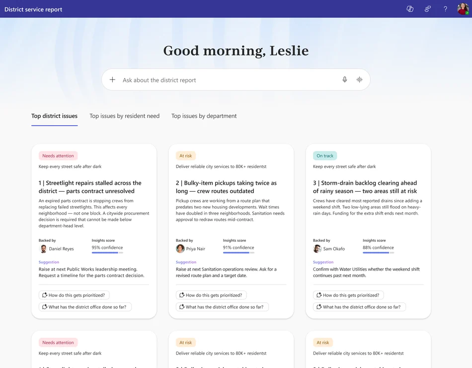 The District service report dashboard: “Good morning, Leslie”, an ask box for the agent, and the top district issues as cards, each with its status, a summary, who it’s backed by, an insights score and a suggested next step.