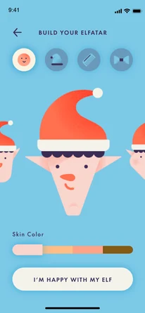 “Build your Elfatar” screen: a big elf face in a Santa hat, with round option buttons above and skin-colour swatches below.