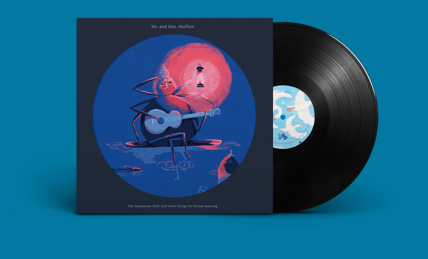 The same record with a second sleeve illustration: a round, blue night scene of a long-legged creature playing guitar by the water under a glowing red lantern.