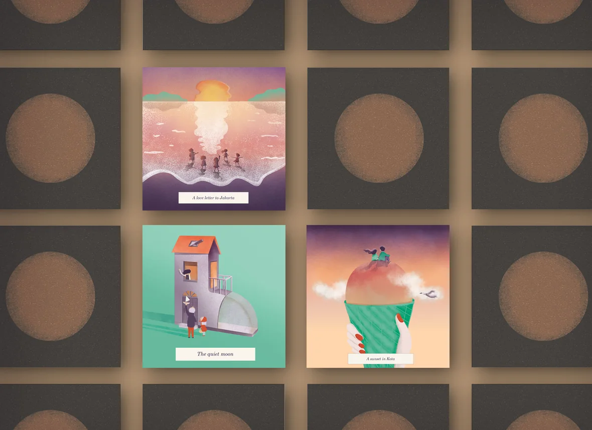 Memory game cards on a grid of face-down tiles: a family wading into a sunset sea, a house on a giant shoe beside a girl, and two figures sitting on a scoop of ice cream.