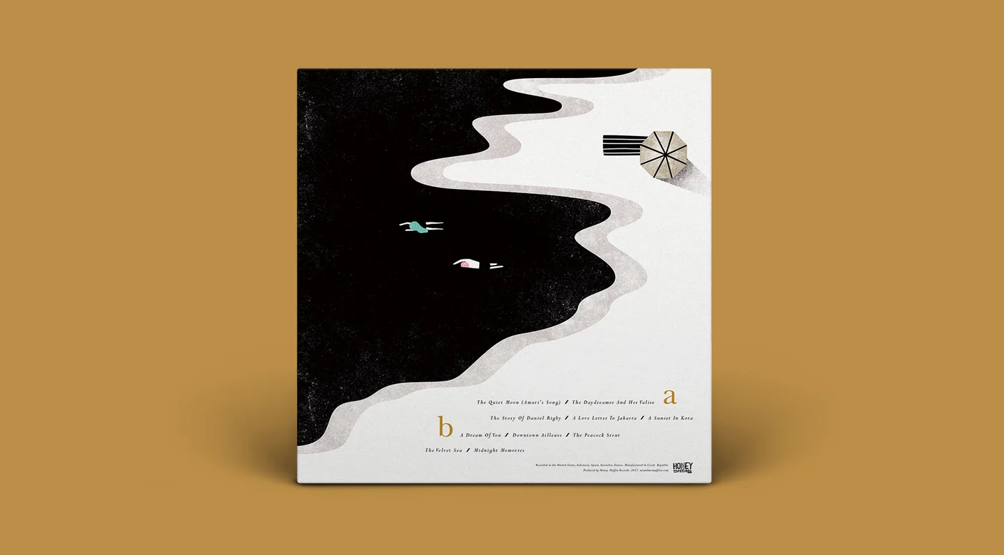 The back of the sleeve: the night shape winds down the page past a paper boat and a parasol, above the A-side and B-side track lists.