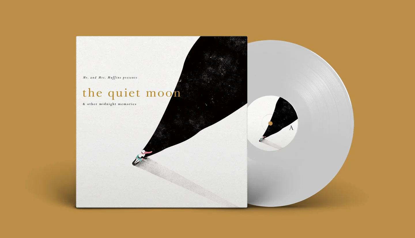 Mr. and Mrs. Muffins present “the quiet moon & other midnight memories”: a white sleeve with a black shape like spilled night sky curling down to a small figure, beside a clear vinyl record.