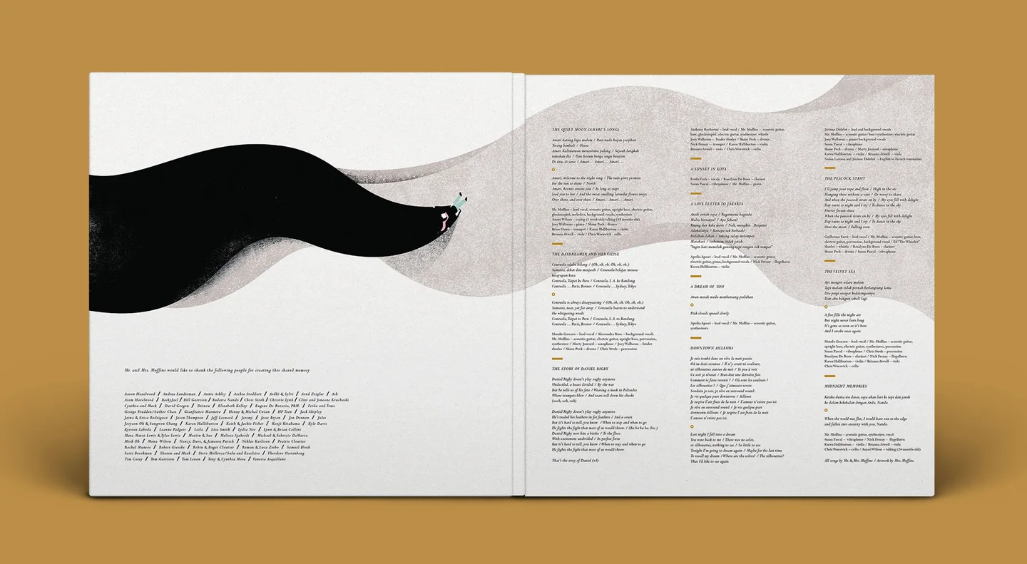 The open gatefold: the black, starry shape flows across both panels toward a tiny figure, with the album credits and lyrics set around it.