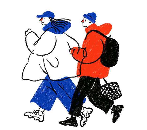 Two people walking briskly, illustrated