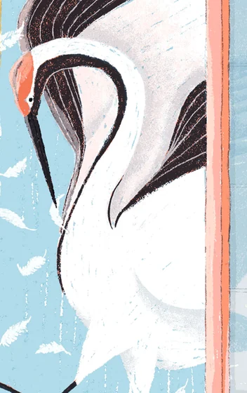 An illustration of a red-crowned crane stepping through a doorway, with white feathers drifting around it.