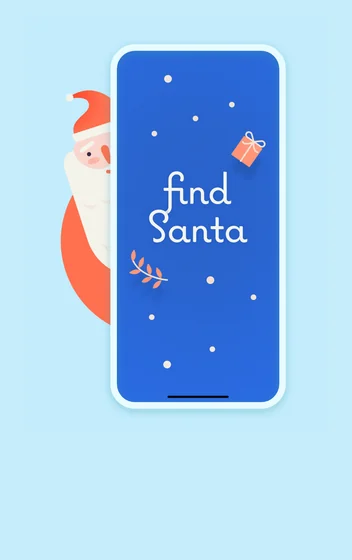 A phone showing “find Santa” in handwritten lettering on a snowy blue screen, with Santa peeking out from behind it.
