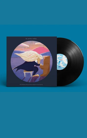 An album sleeve with a circular painting of a long-haired figure at a piano, next to a black vinyl record.
